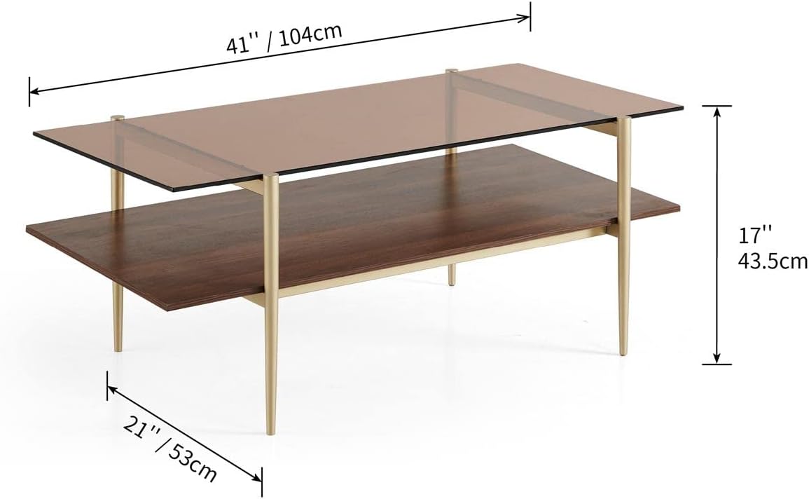 Layer Glass Coffee Table for Living Room, Brown Glass & Coffee Brown MDF Bottom Shelf