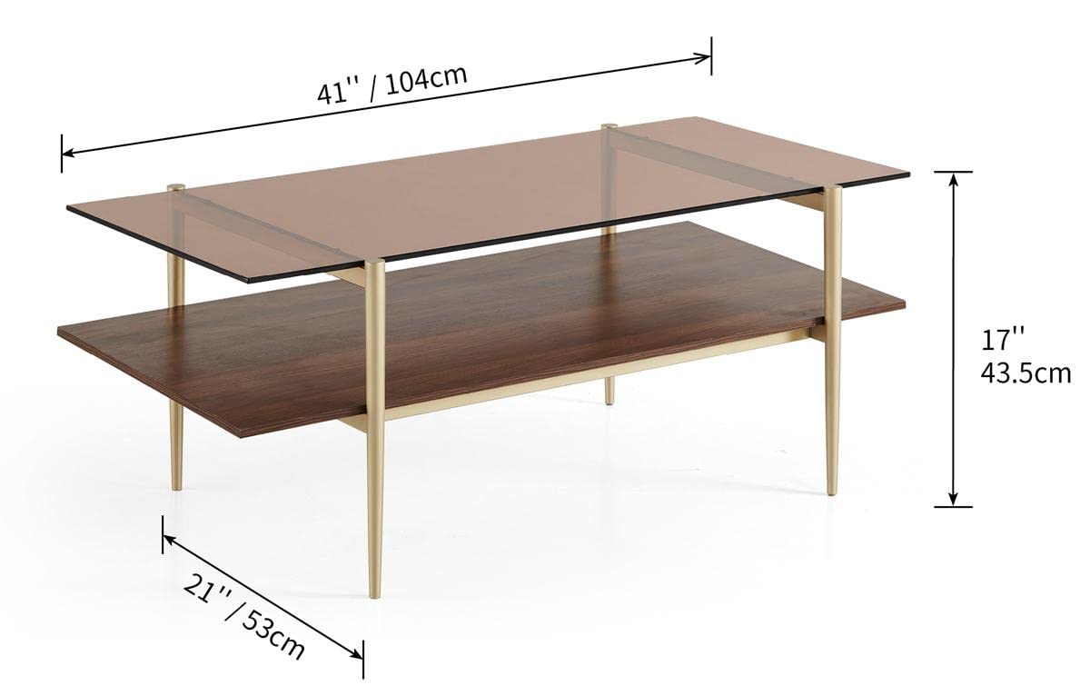 Layer Glass Coffee Table for Living Room, Brown Glass & Coffee Brown MDF Bottom Shelf