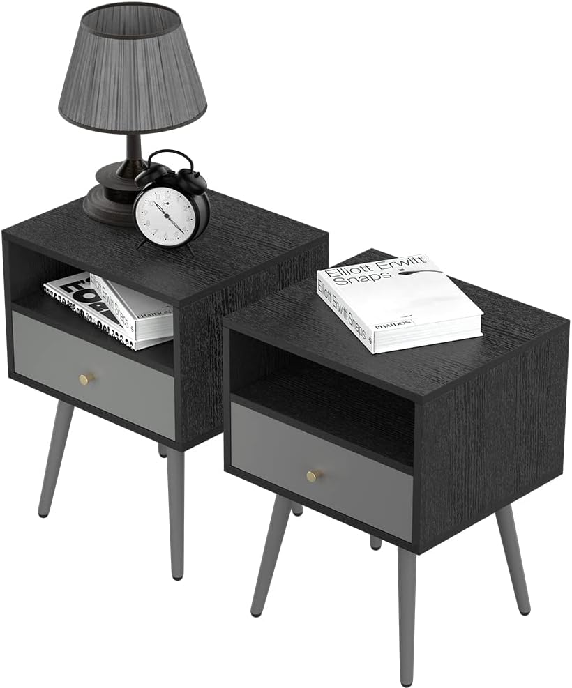 Black NightStands Set of 2,Mid Century Modern Night Stands with Drawer End Table Bedside Table for Bedroom, Small Cute Storage Cabinet for Living Room (Black)