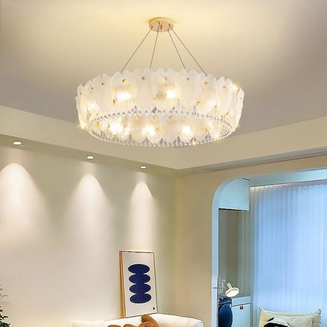 White Glass Leaf Round Ceiling Hanging Lamp Modern Crystal Raindrop Chandelier LED