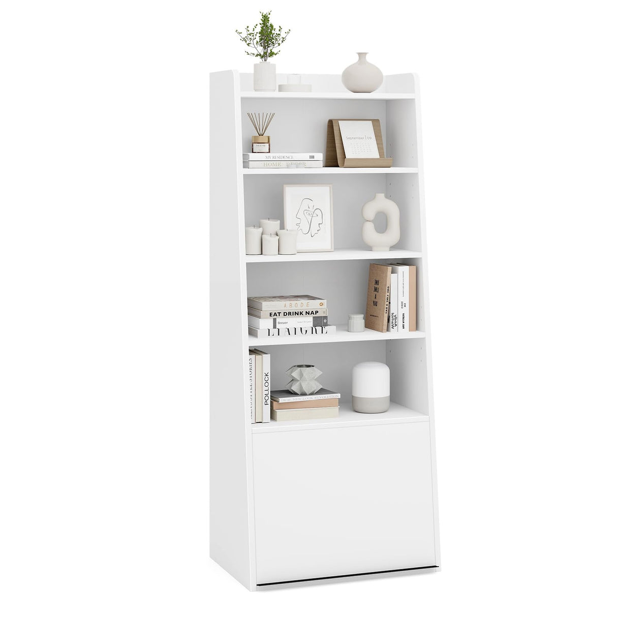 6-Tier Bookcase, Freestanding Ladder Bookshelf with 2 Adjustable Shelves & Flip Up Door