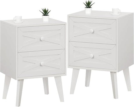 Nightstand Set of 2, White End Table with 2 Drawers Barn Door Decorated