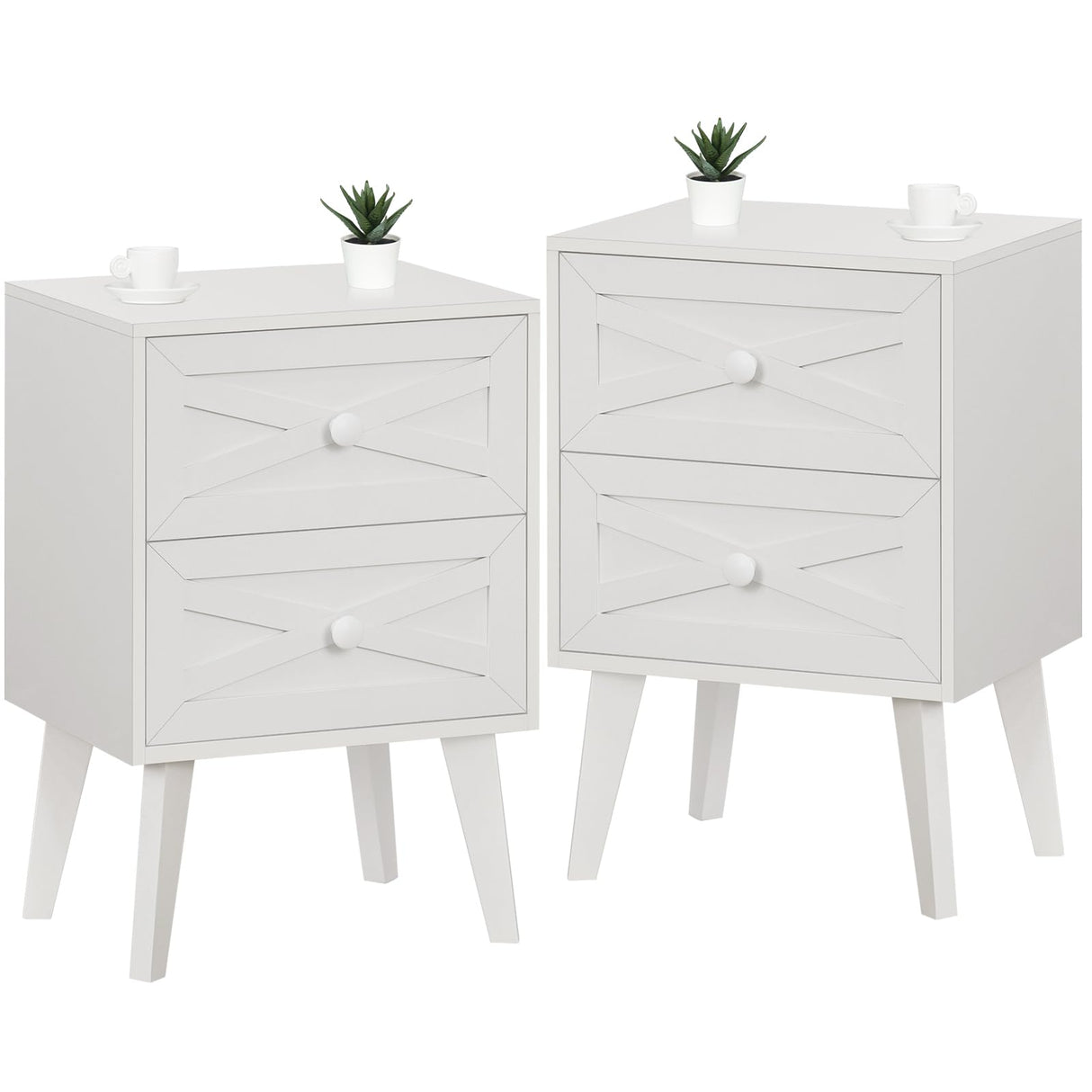 Nightstand Set of 2, White End Table with 2 Drawers Barn Door Decorated