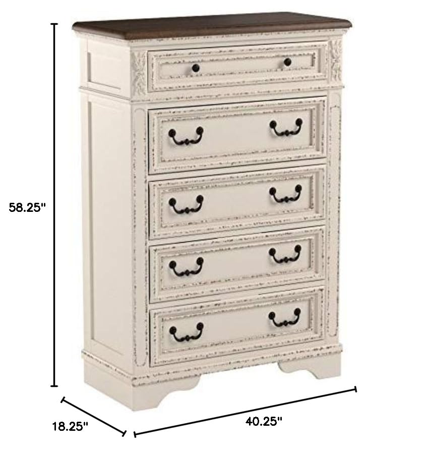 Realyn French Country Two Tone 5 Drawer Chest of Drawers, Chipped White