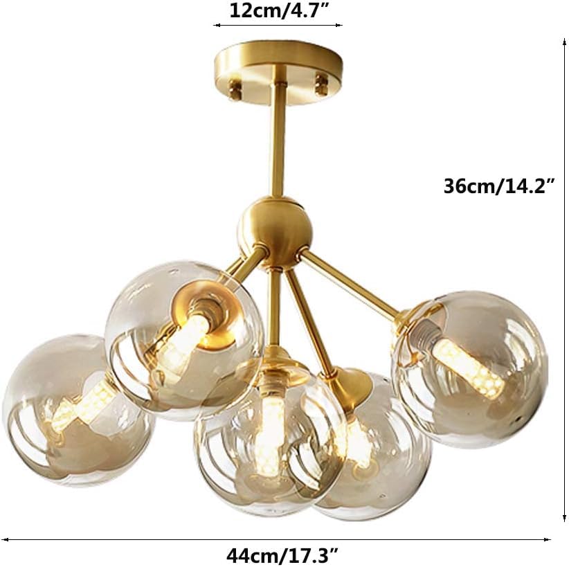 Lighting 5-Light Amber Glass Globe Chandelier Brush Gold Semi Flush Mount Ceiling Light