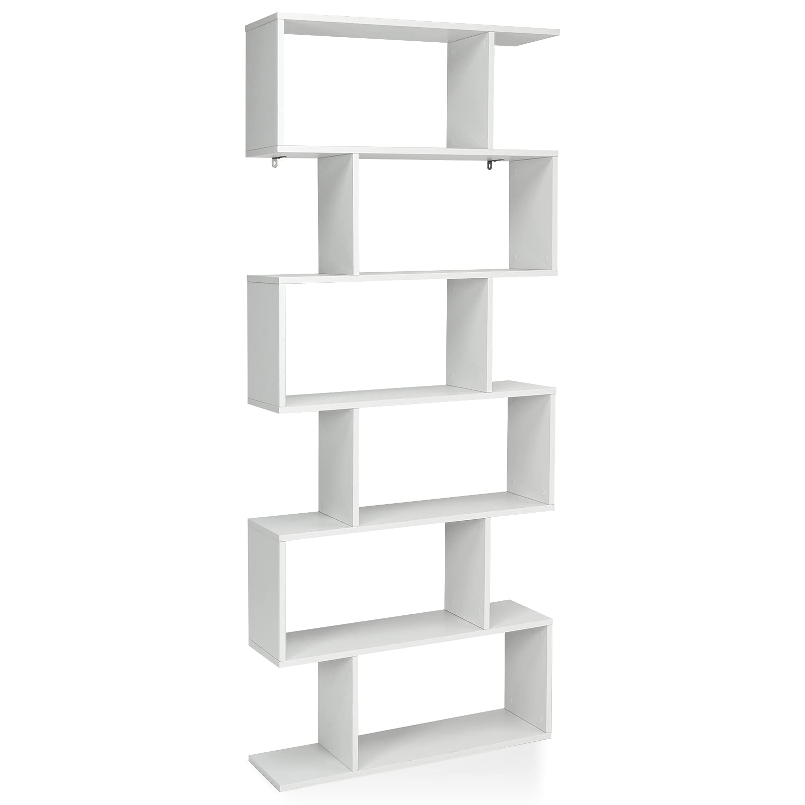 6-Tier Geometric Bookshelf, S-Shaped Book Shelf, Freestanding Room Divider Bookcase, 75-inch Vertical Staggered Bookshelf, Modern Decorative Display Shelf for Home Office (1, White)
