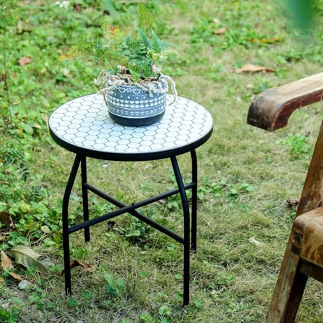 VCUTEKA Mosaic Outdoor Side Table - Small Patio Table Coffee Outside Accent Tables Round End Plant Tables for Bistro Balcony Porch Outdoor Benches 14'' White - Bircata