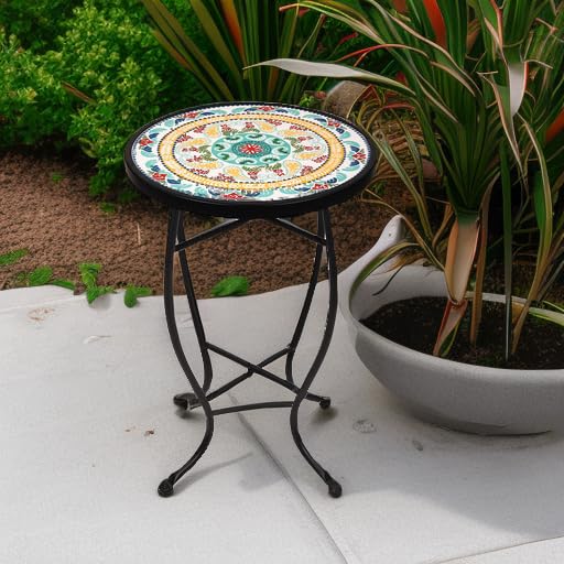 Elevon 14 Inch Round Side Ceramic Tile Top Indoor and Outdoor Accent Table, Pineapple - Bircata