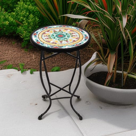 Elevon 14 Inch Round Side Ceramic Tile Top Indoor and Outdoor Accent Table, Pineapple - Bircata