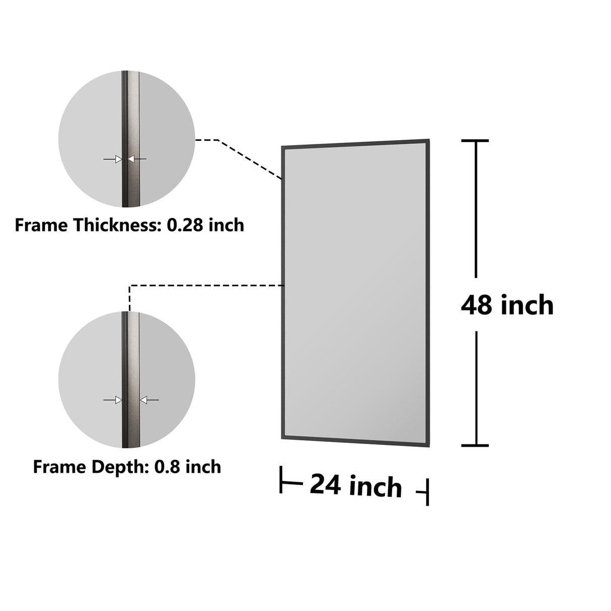 24x48 Black Bathroom Mirror - Shatterproof Tempered Glass Wall Mirror