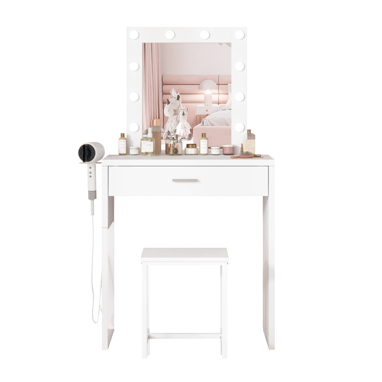 Vanity Desk with Mirror and Lights, White Vanity Table and Chair Set, Brightness Adjustable,