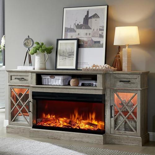 3-Sided Glass Farmhouse Fireplace TV Stand for TVs up to 80'', Highboy Entertainment