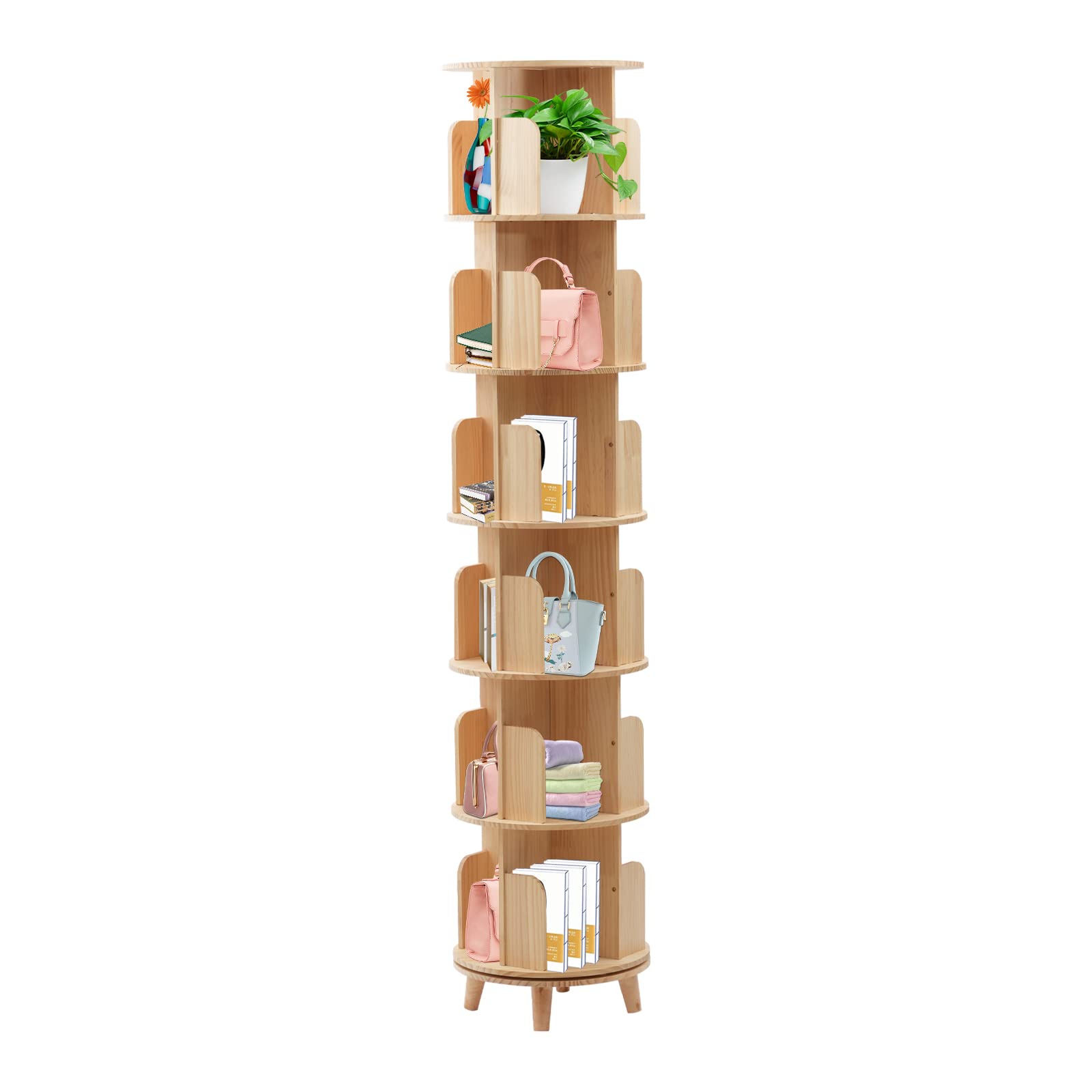 360 Display,Corner Bookshelf for Small Space,6 Tier Floor Standing Bookcase Storage