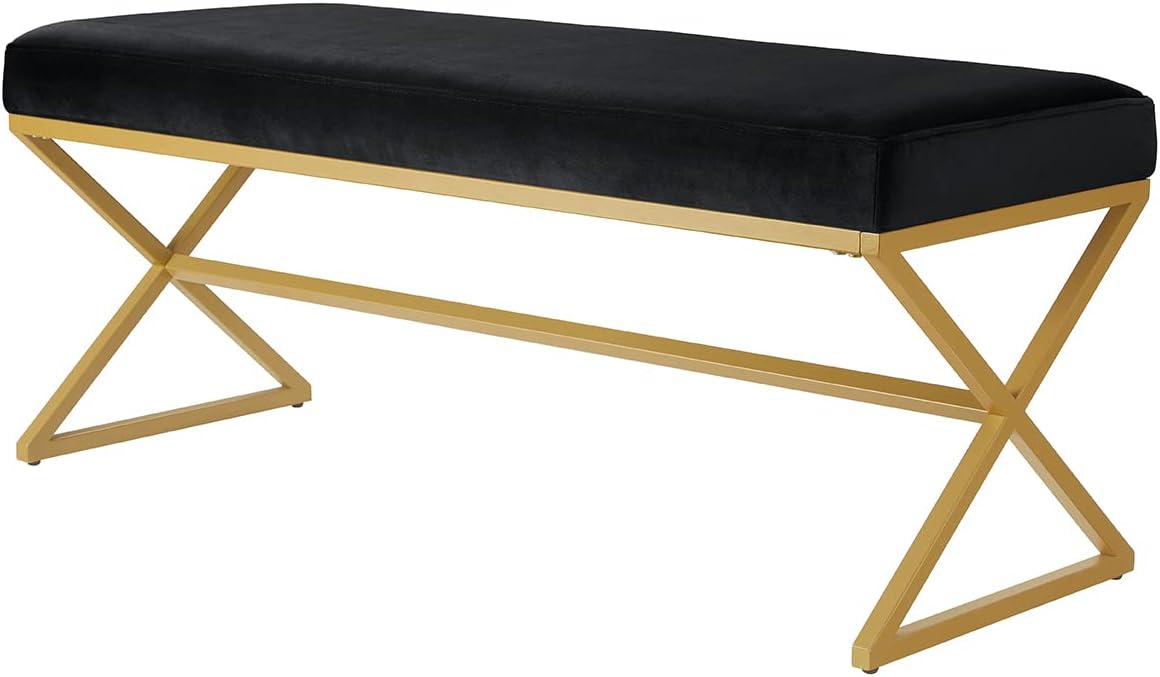 Velvet Upholstered Entryway Bench with Metal Leg, Padded Bedroom Bench Seat Cushion