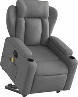 Stand Up Massage Recliner Chair - Dark Gray Fabric, Lift Assist Armchair for Elderly, 135° Recline, 6-Point Vibration, Cup Holders