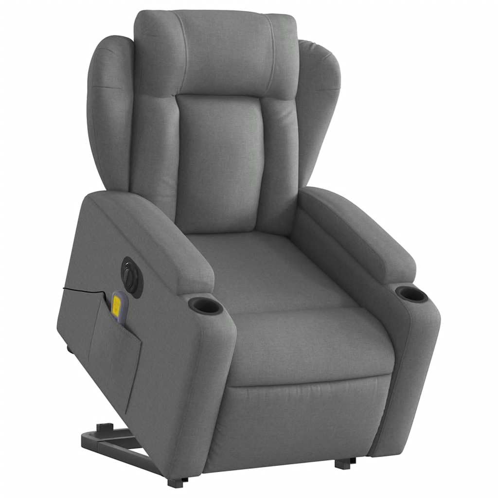 Stand Up Massage Recliner Chair - Dark Gray Fabric, Lift Assist Armchair for Elderly, 135° Recline, 6-Point Vibration, Cup Holders