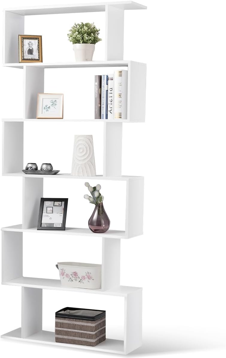 Tangkula 6-Tier Geometric Bookcase, Modern S-Shaped Storage Display Bookshelf for Living Room, Anti-Toppling Device, Home Office Wooden 6 Shelf Open Bookcase (1, White)