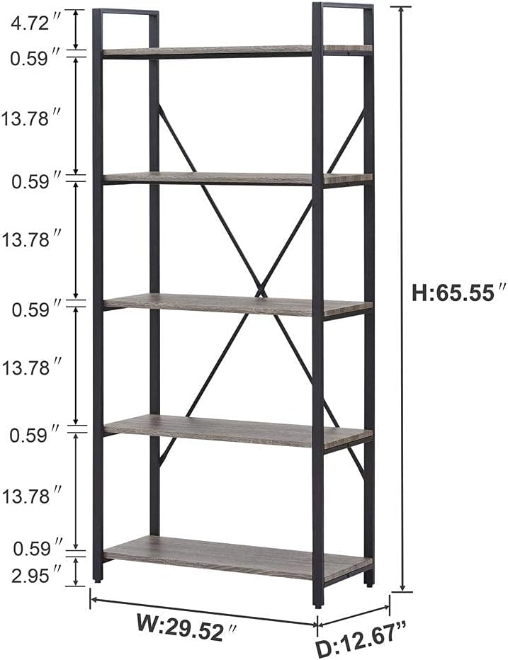 BON AUGURE Industrial Bookshelf, Etagere Bookcases and Book Shelves 5 Tier, Rustic Wood and Metal Shelving Unit (Dark Gray Oak)