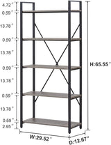 BON AUGURE Industrial Bookshelf, Etagere Bookcases and Book Shelves 5 Tier, Rustic Wood and Metal Shelving Unit (Dark Gray Oak)