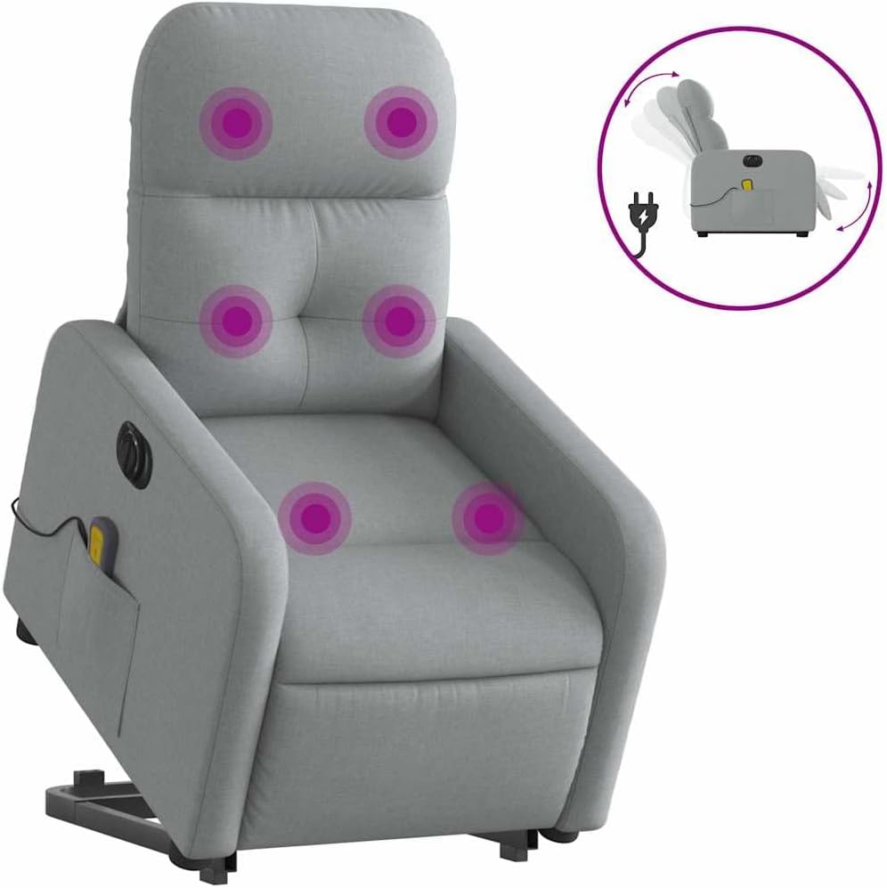 Power Lift Massage Recliner - Light Gray Fabric, Motorized Adjustable Back and Footrest, Vibration Massage, Side Storage Pocket