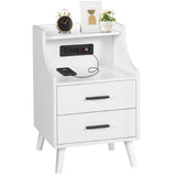 White NightStand with Charging Station, Nightstand with 2 Drawers and Open