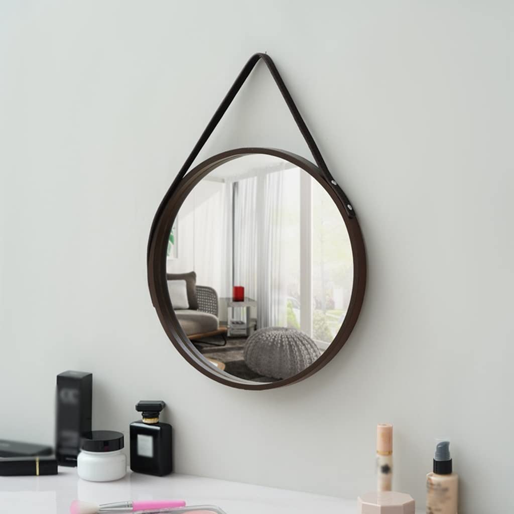 Nordic Wall Mounted Large Round Mirror, PU Leather Strap Circle Hanging Mirror