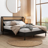 platform Bed Frame, Rustic & Bohemian Unique Style, Modern Rattan Wood Platform