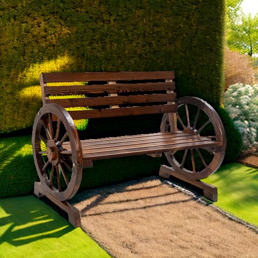 2-Person Wooden Wagon Wheel Bench for Backyard, Patio, Porch, Garden
