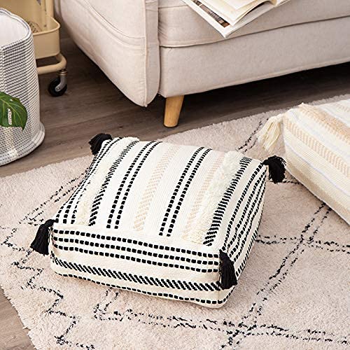 Woven Sofa and Stool Cushion with Tassels - American Style Solid Color Pouf for Living