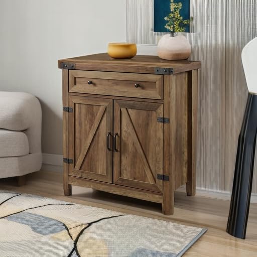 Cass Modern Farmhouse Double Barn Door Accent Cabinet, 30 Inch, Rustic Oak