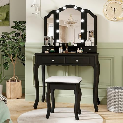 Vanity Desk with Lights - Makeup Vanity Table with Tri-Fold Mirror, 10 Adjustable