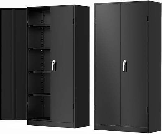 Metal Garage Storage Cabinet with Doors and Adjustable Shelves,72”Black Steel Lockable