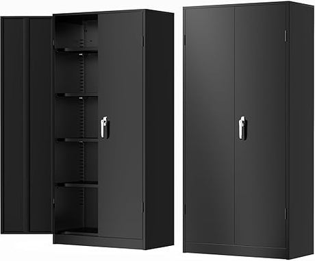 Metal Garage Storage Cabinet with Doors and Adjustable Shelves,72”Black Steel Lockable