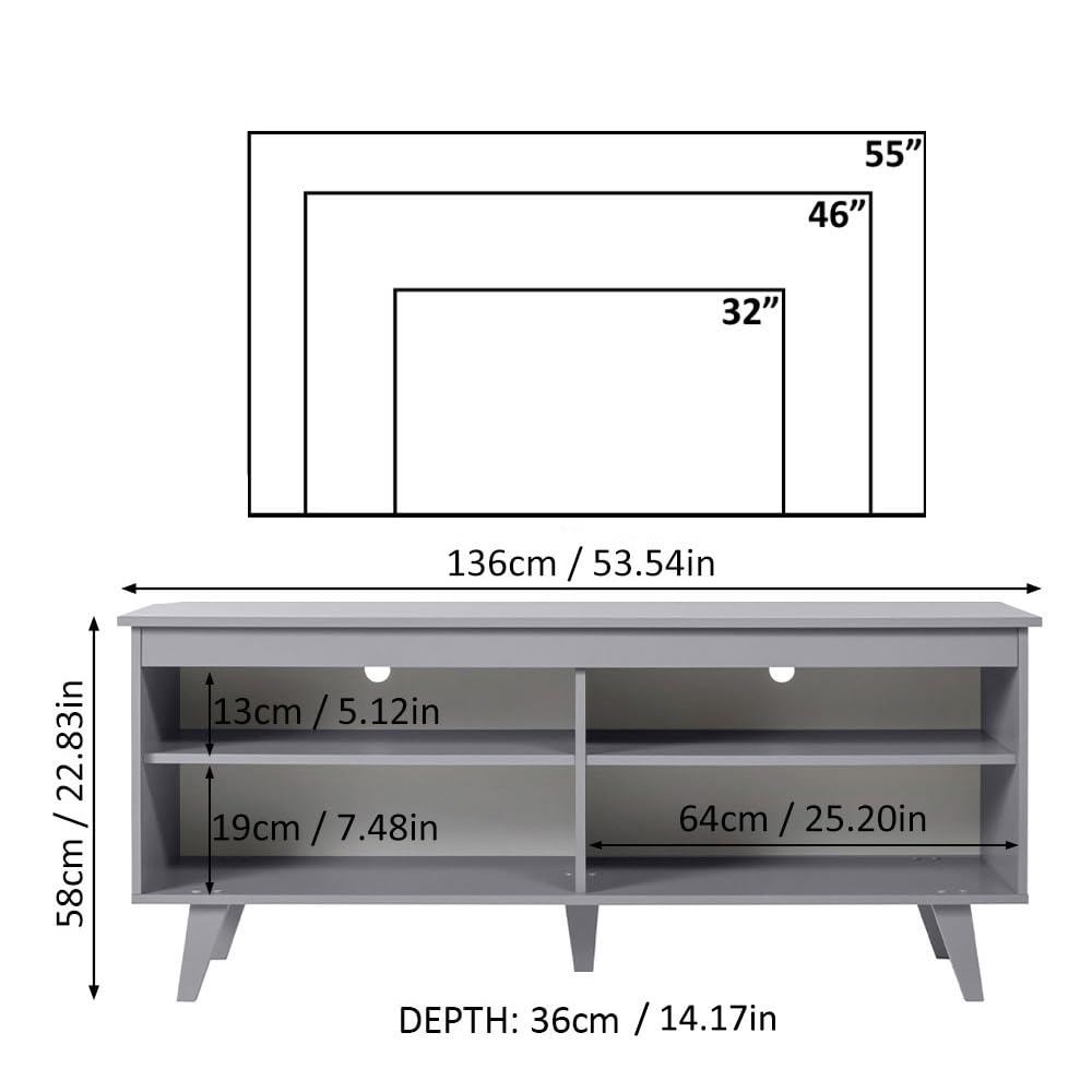 Entertainment Center with 4 Shelves and Cable Management for 50, 55 Inch Media Storage Living Room and Bedroom Modern Wooden Television Media Console - Grey