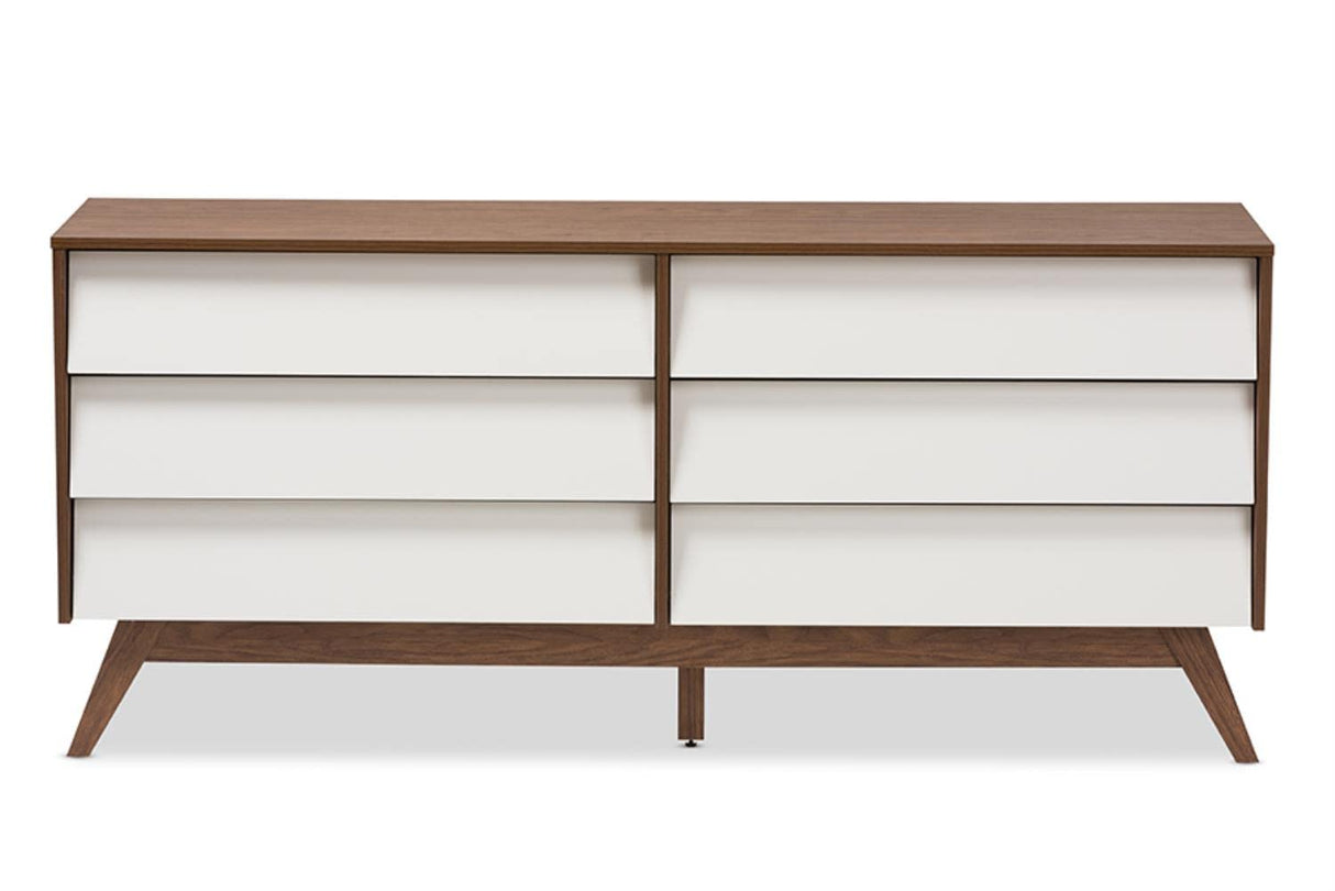 Studio Hildon Modern 6-Drawer Storage Dresser Mid-Century/Particle Board/MDF with PU Paper/White/Walnut Brown