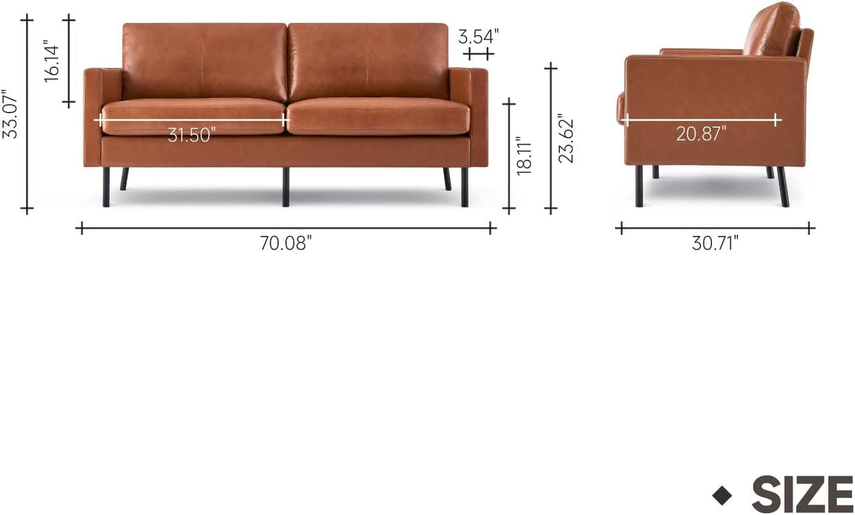 70" Top-Grain Leather Sofa, 2-Seat Upholstered Loveseat Sofa Modern Couch