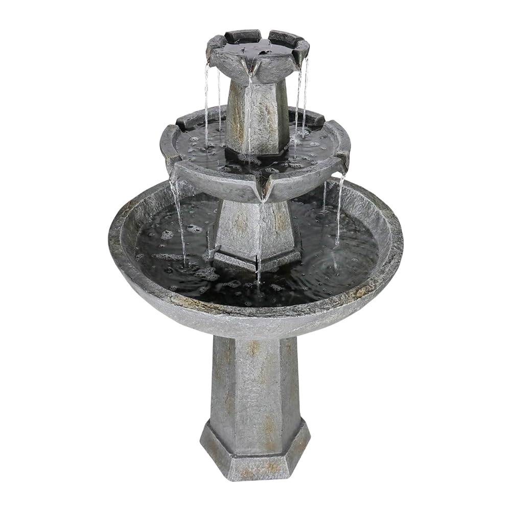 SunJet 43.3" High 3-Tiers Modern Concrete Outdoor Water Fountain - Round Large Outdoor Fountains and Waterfalls for Garden, Patio, Yard, and Deck Decor, Featuring Natural Stone Look(43.3inch,Grey)