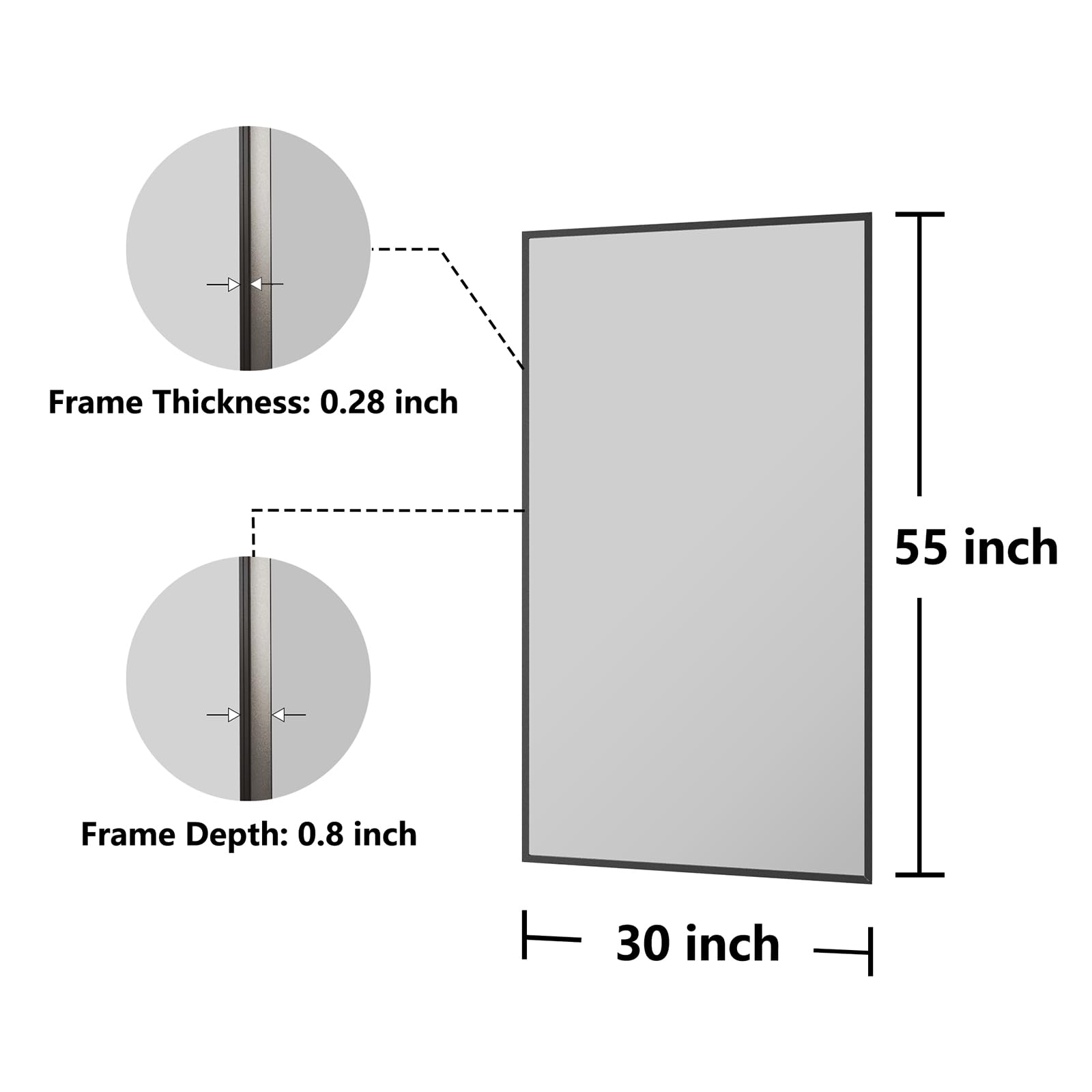 30x55 Matte Black Rectangle Bathroom Mirror