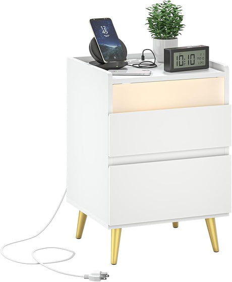 with Charging Station, Bedside Table with USB & Type-C Port, Modern End Table