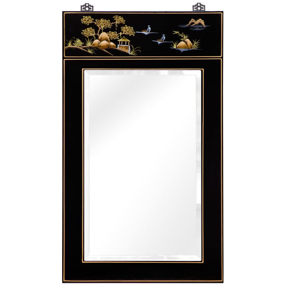 Black Lacquer Chinoiserie Scenery Motif Oriental Vertical Mirror