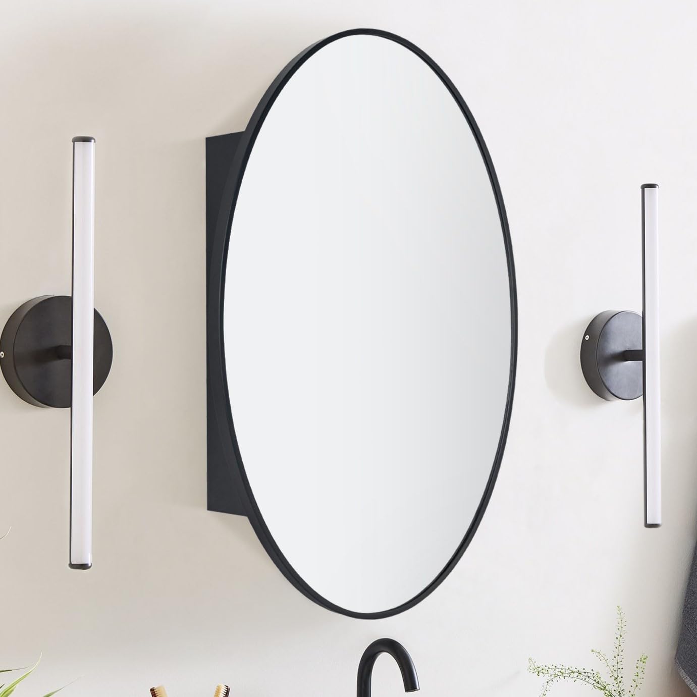 Surface Mount Black Oval Bathroom Medicine Cabinet with Mirror Metal Framed Oval