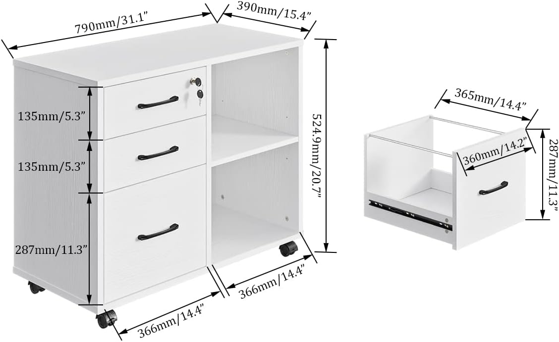 3 Drawer File Cabinets, Mobile Lateral Printer Stand with Open Shelf, Rolling Filing Cabinet