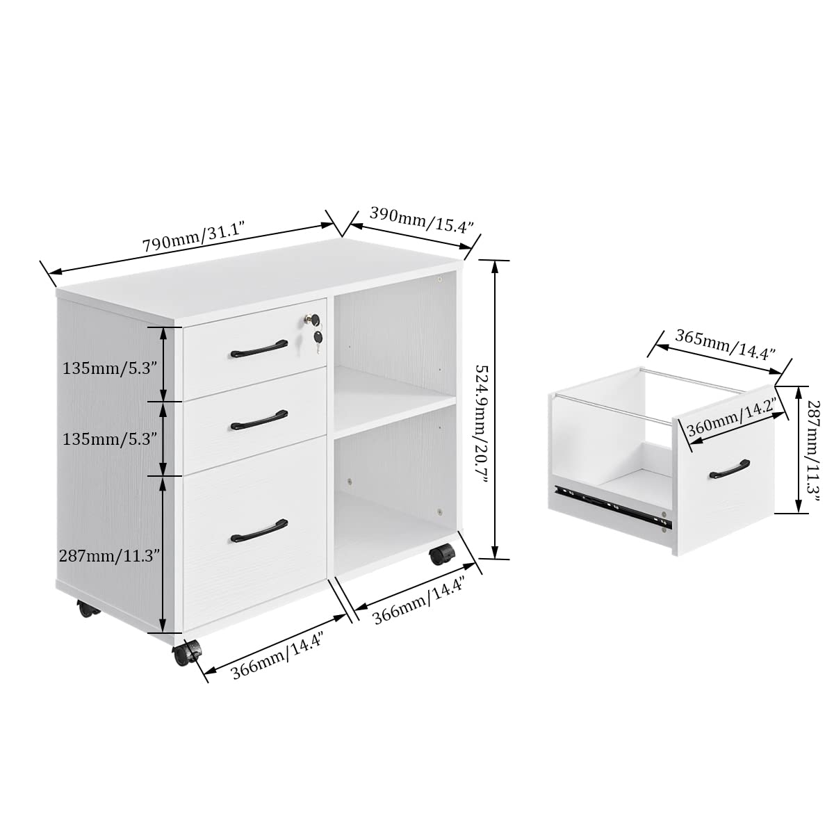 3 Drawer File Cabinets, Mobile Lateral Printer Stand with Open Shelf, Rolling Filing Cabinet