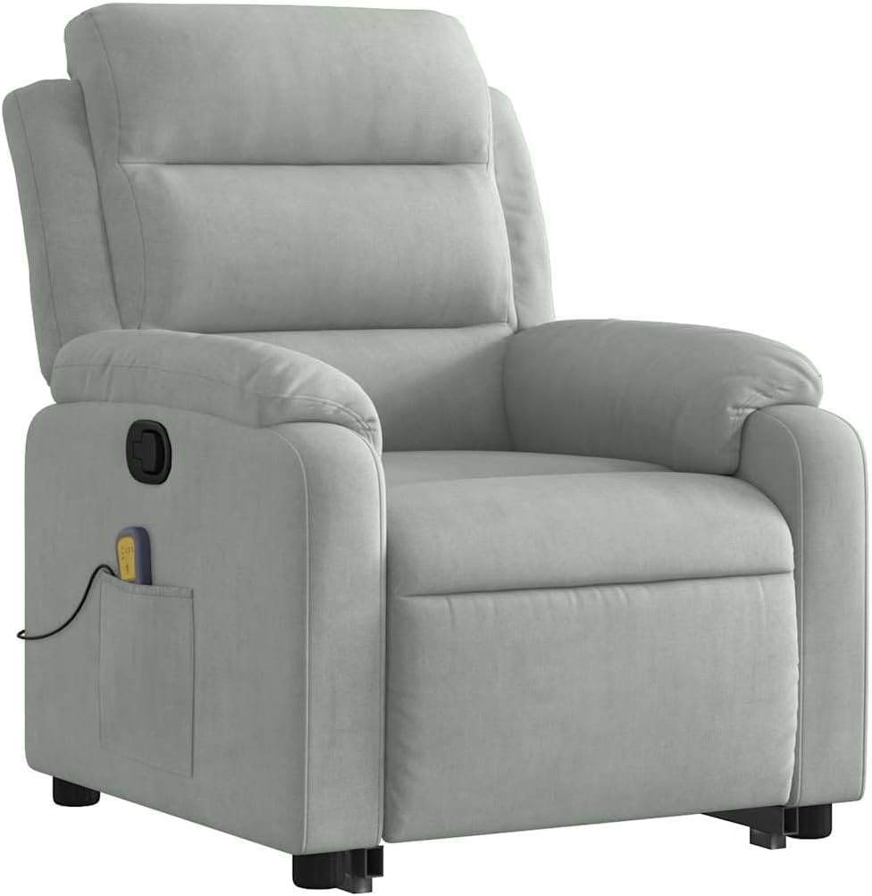 vidaXL Stand Up Light Gray Velvet Massage Recliner - Electric Power Lift Armchair with Manual Recline, 6-Point Vibration, Side Pocket, Comfy Seat