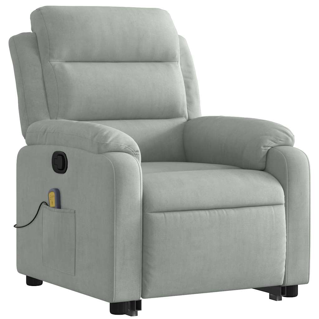 vidaXL Stand Up Light Gray Velvet Massage Recliner - Electric Power Lift Armchair with Manual Recline, 6-Point Vibration, Side Pocket, Comfy Seat