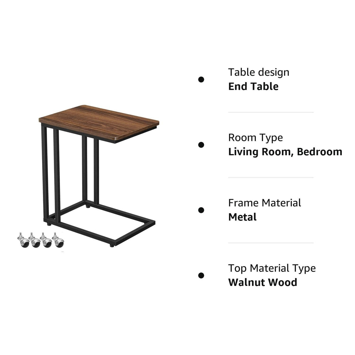 End Table, C Shaped TV Tray with Metal Frame Rolling Casters, Industrial Side Table for Living Room