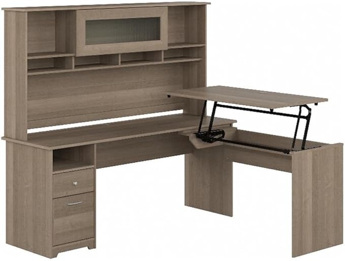 Cabot 72W 3 Position L Shaped Sit to Stand Desk with Hutch in Espresso Oak