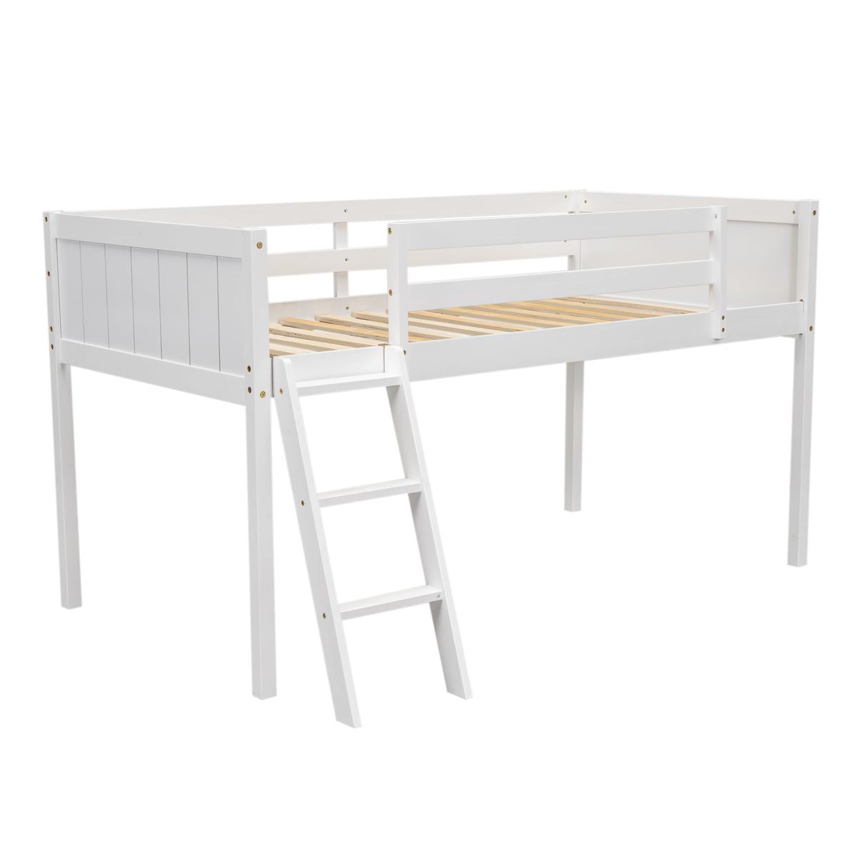 Twin Low Loft Bed, Twin Size Loft Bed with Ladder & Safety Guardrails, Wood Junior Lof