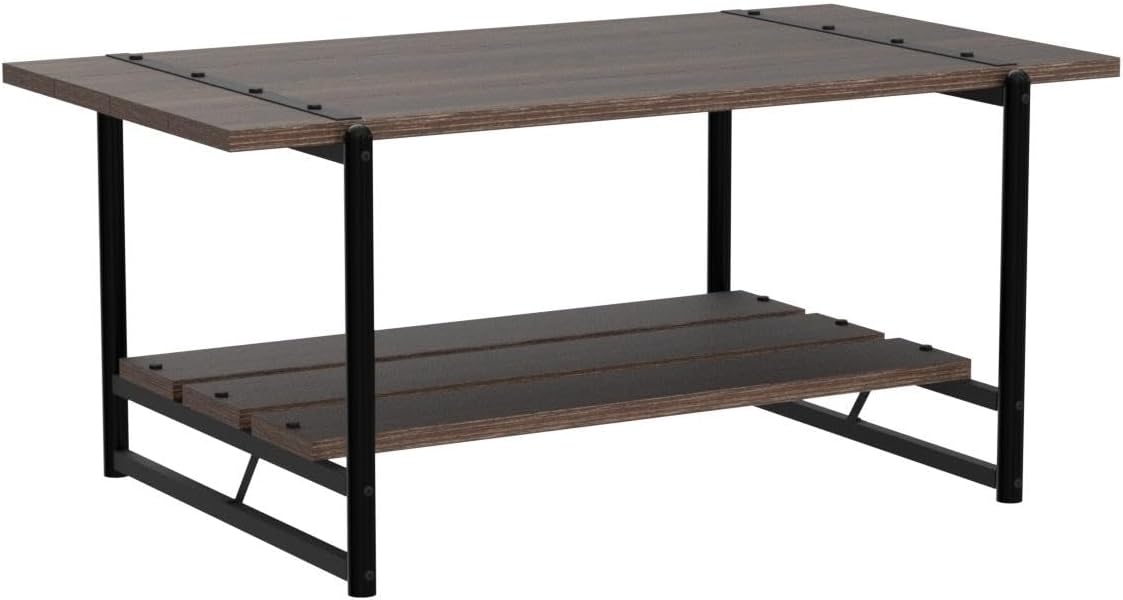 2-Tier Modern Industrial 41'' Large Wood Coffee Table with Storage Shelf