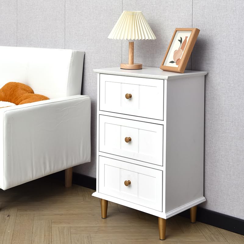 Nightstand with 3 Drawers Set of 2, Wooden Side Table Bedroom Storage Cabinet, Simple and Exquisite Furniture in Small Space (2, White)